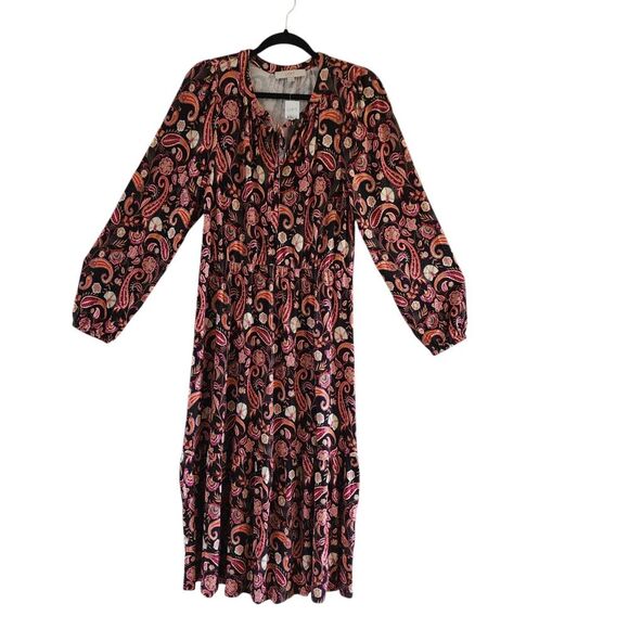 Loft Midi Dress Women Sz L Multicolor Paisley Tiered Tie Neck Long Sleeve Rayon - Picture 9 of 11